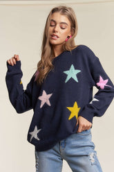 ADORA Stars Pattern Round Neck Drop Shoulder Sweater - Trendy & Cozy Knitwear